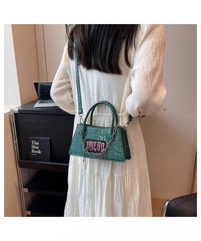 Y2k Crossbody Bag for Women PU Leather Stone Punk Chain Top-handle Bag Fashon Simple Casual Handbags Green $10.61 Handbags