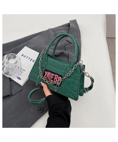 Y2k Crossbody Bag for Women PU Leather Stone Punk Chain Top-handle Bag Fashon Simple Casual Handbags Green $10.61 Handbags