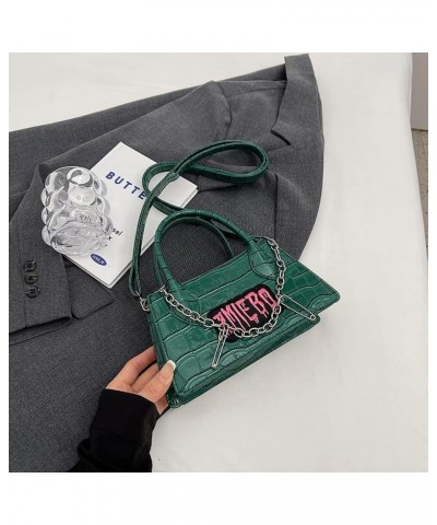 Y2k Crossbody Bag for Women PU Leather Stone Punk Chain Top-handle Bag Fashon Simple Casual Handbags Green $10.61 Handbags