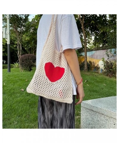 Women Hobo Bag Trendy Star Pattern Knitted Shoulder Bags Mesh Hollow Tote Bag Aesthetic Casual Beach Purse Apricot $13.67 Totes