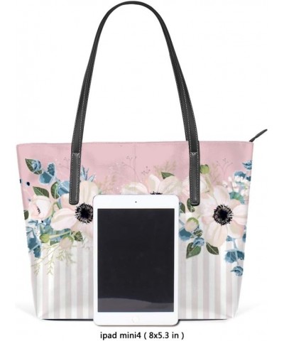 Women Handbags Tote Bag Large Capacity Zippered Shoulder Bag ﻿pink strip with flowers PU Leather Ladies Handle Satchel for Wo...