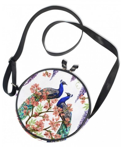 Floral Wisteria Cherry Flowers Peacocks Crossbody Bag Small Canvas Shoulder Round Bag for Women $10.63 Shoulder Bags