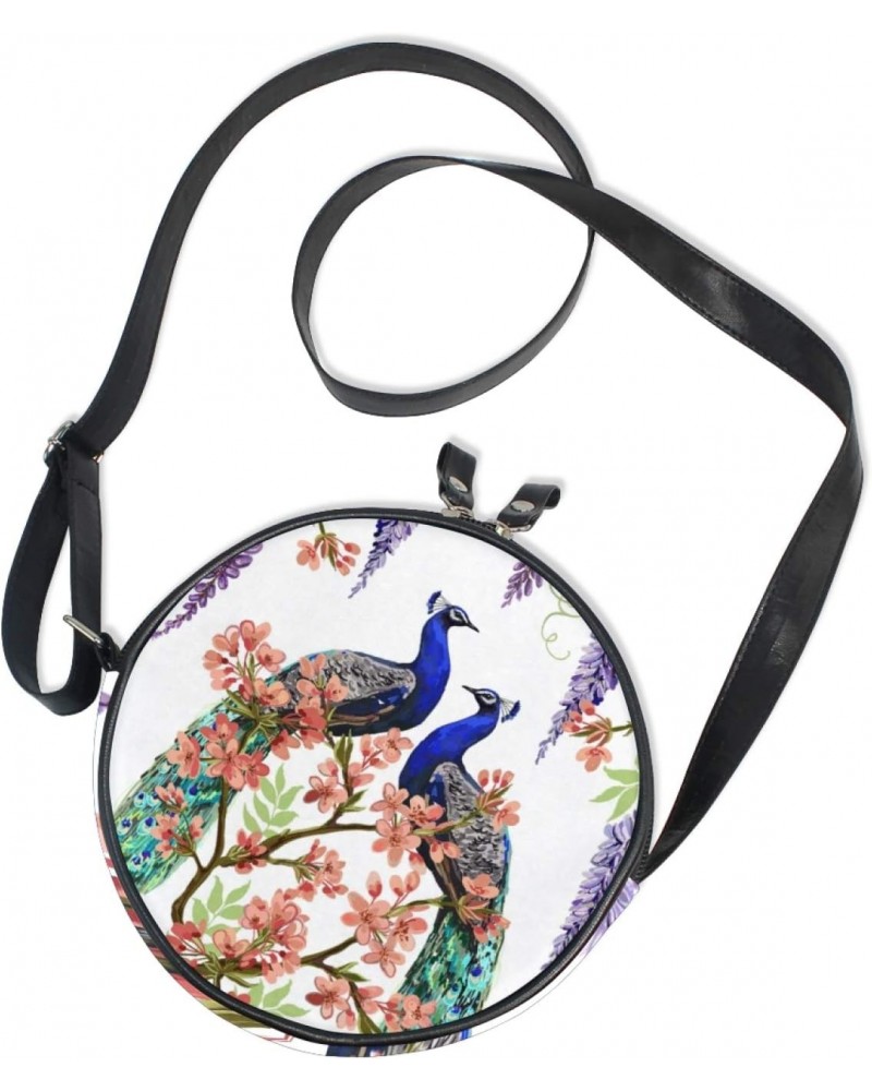 Floral Wisteria Cherry Flowers Peacocks Crossbody Bag Small Canvas Shoulder Round Bag for Women $10.63 Shoulder Bags