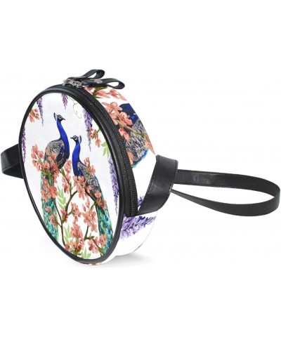 Floral Wisteria Cherry Flowers Peacocks Crossbody Bag Small Canvas Shoulder Round Bag for Women $10.63 Shoulder Bags