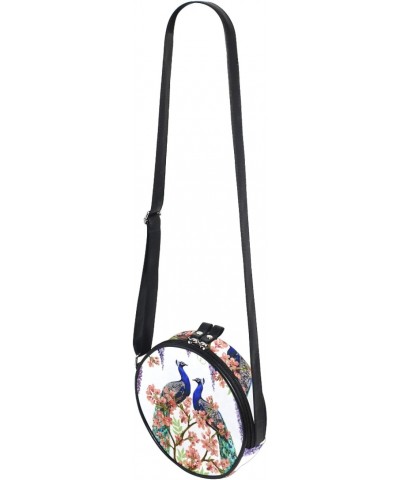 Floral Wisteria Cherry Flowers Peacocks Crossbody Bag Small Canvas Shoulder Round Bag for Women $10.63 Shoulder Bags