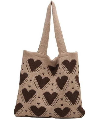 Women Girls Crochet Tote Bag Large Capacity Heart Pattern Everyday Beach Hobo Bag Handmade Y2K Shoulder Bag Aesthe Khaki $11....