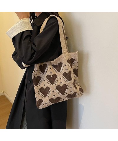 Women Girls Crochet Tote Bag Large Capacity Heart Pattern Everyday Beach Hobo Bag Handmade Y2K Shoulder Bag Aesthe Khaki $11....