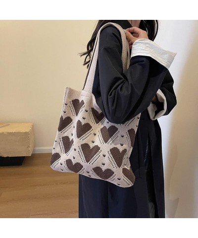 Women Girls Crochet Tote Bag Large Capacity Heart Pattern Everyday Beach Hobo Bag Handmade Y2K Shoulder Bag Aesthe Khaki $11....