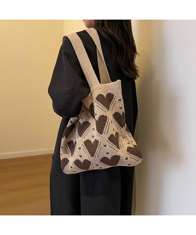 Women Girls Crochet Tote Bag Large Capacity Heart Pattern Everyday Beach Hobo Bag Handmade Y2K Shoulder Bag Aesthe Khaki $11....