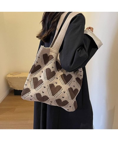 Women Girls Crochet Tote Bag Large Capacity Heart Pattern Everyday Beach Hobo Bag Handmade Y2K Shoulder Bag Aesthe Khaki $11....