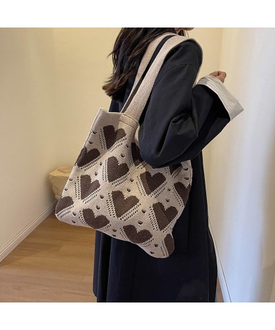 Women Girls Crochet Tote Bag Large Capacity Heart Pattern Everyday Beach Hobo Bag Handmade Y2K Shoulder Bag Aesthe Khaki $11....