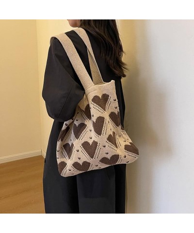 Women Girls Crochet Tote Bag Large Capacity Heart Pattern Everyday Beach Hobo Bag Handmade Y2K Shoulder Bag Aesthe Khaki $11....