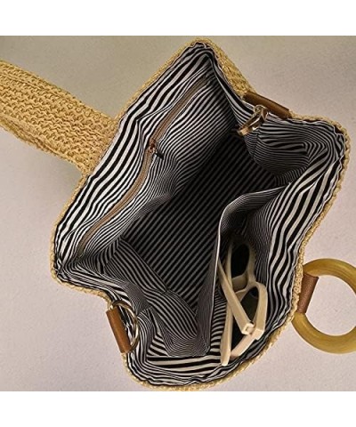 Women Circular Ring Straw Handbag Shoulder Bag Bucket Bag $10.71 Shoulder Bags