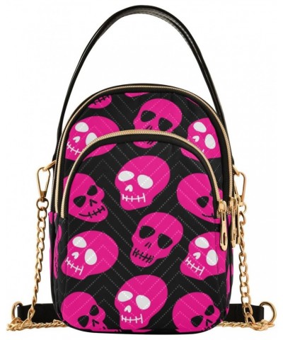 Pink Skulls Small Crossbody Handbag for Women Mini Over Shoulder Purse with Three Zippered Pockets Durable Wallet Purses for ...