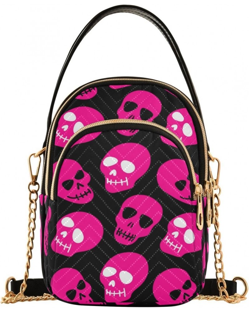 Pink Skulls Small Crossbody Handbag for Women Mini Over Shoulder Purse with Three Zippered Pockets Durable Wallet Purses for ...