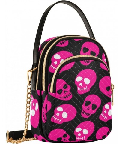 Pink Skulls Small Crossbody Handbag for Women Mini Over Shoulder Purse with Three Zippered Pockets Durable Wallet Purses for ...