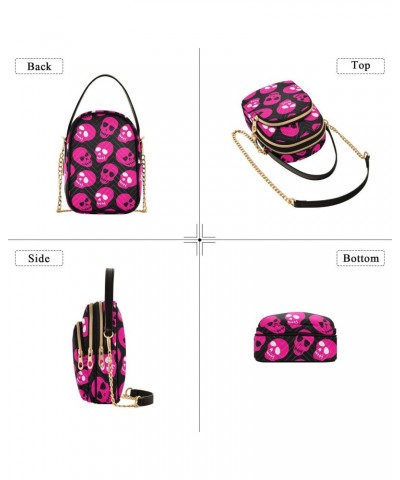 Pink Skulls Small Crossbody Handbag for Women Mini Over Shoulder Purse with Three Zippered Pockets Durable Wallet Purses for ...