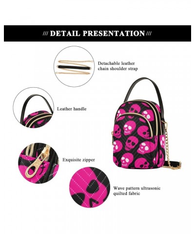 Pink Skulls Small Crossbody Handbag for Women Mini Over Shoulder Purse with Three Zippered Pockets Durable Wallet Purses for ...