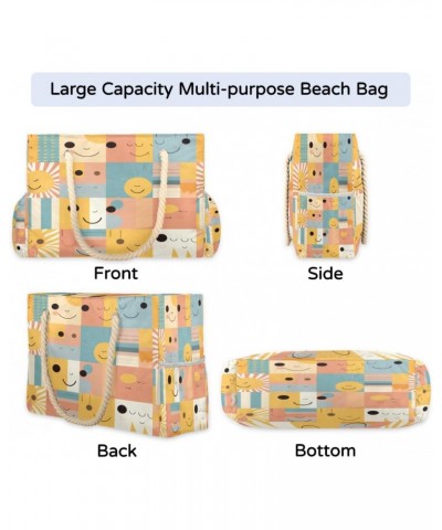 Geometric Smile Pattern Beach Bags for Women Large Tote Bag with Zipper and Pockets Waterproof Sandproof Accessories Swim Poo...