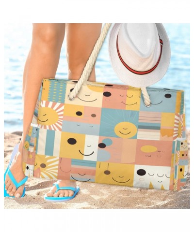 Geometric Smile Pattern Beach Bags for Women Large Tote Bag with Zipper and Pockets Waterproof Sandproof Accessories Swim Poo...