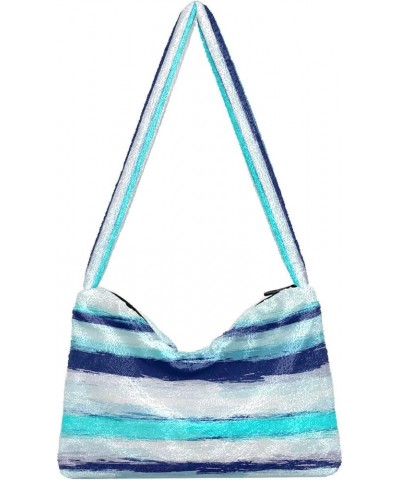 Colorful Plaid Stripe Womens Shoulder Purse, Fuzzy Tote Women Purse Hobo Handbags Stripes Watercolor Sea Blue $11.75 Totes