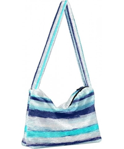 Colorful Plaid Stripe Womens Shoulder Purse, Fuzzy Tote Women Purse Hobo Handbags Stripes Watercolor Sea Blue $11.75 Totes