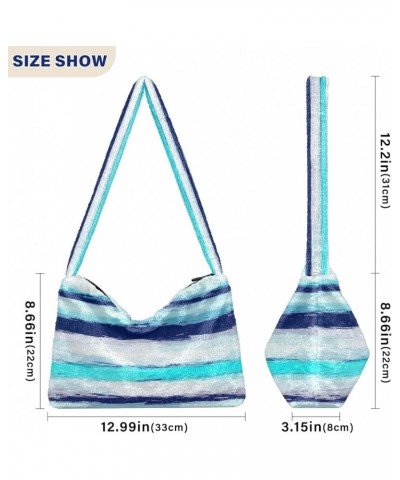 Colorful Plaid Stripe Womens Shoulder Purse, Fuzzy Tote Women Purse Hobo Handbags Stripes Watercolor Sea Blue $11.75 Totes