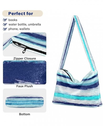 Colorful Plaid Stripe Womens Shoulder Purse, Fuzzy Tote Women Purse Hobo Handbags Stripes Watercolor Sea Blue $11.75 Totes