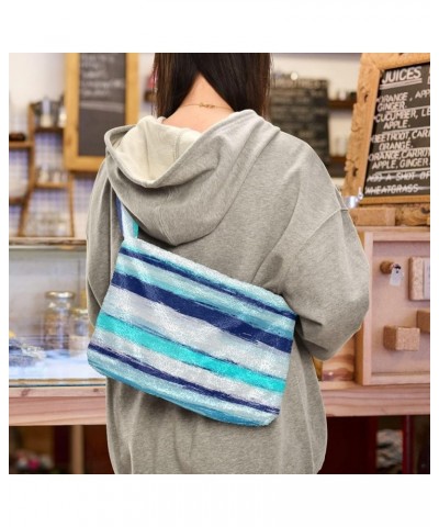 Colorful Plaid Stripe Womens Shoulder Purse, Fuzzy Tote Women Purse Hobo Handbags Stripes Watercolor Sea Blue $11.75 Totes