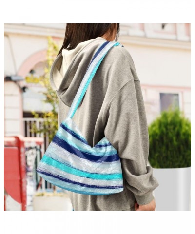 Colorful Plaid Stripe Womens Shoulder Purse, Fuzzy Tote Women Purse Hobo Handbags Stripes Watercolor Sea Blue $11.75 Totes