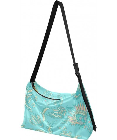 Turquoise Floral Hobo Shoulder Bag for Women Men PU Leather Crossbody Bag Slouchy Tote Handbags for Traveling Shopping Workin...