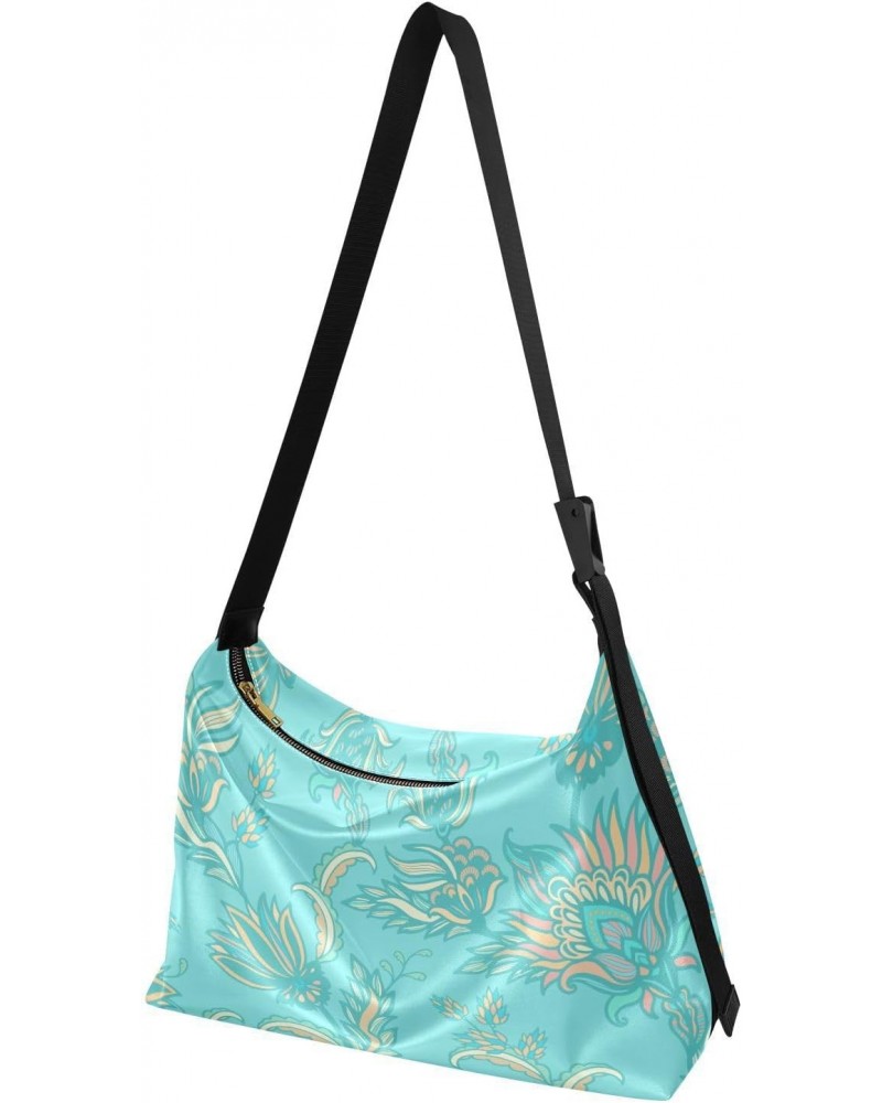 Turquoise Floral Hobo Shoulder Bag for Women Men PU Leather Crossbody Bag Slouchy Tote Handbags for Traveling Shopping Workin...