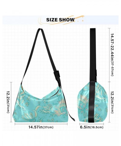 Turquoise Floral Hobo Shoulder Bag for Women Men PU Leather Crossbody Bag Slouchy Tote Handbags for Traveling Shopping Workin...