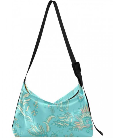 Turquoise Floral Hobo Shoulder Bag for Women Men PU Leather Crossbody Bag Slouchy Tote Handbags for Traveling Shopping Workin...