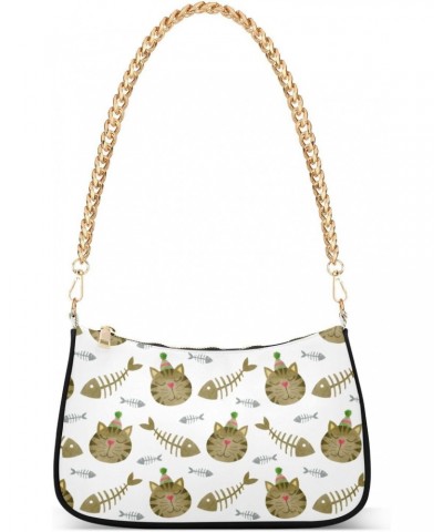 Women Chain Shoulder Purse Bag With Zipper Funny Cat Face Print, Fish Skeleton Hobo Tote Clutch Handbags with Chain Strap $16...