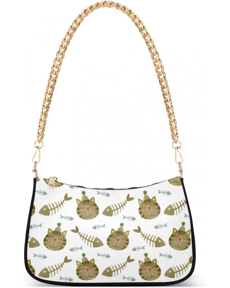 Women Chain Shoulder Purse Bag With Zipper Funny Cat Face Print, Fish Skeleton Hobo Tote Clutch Handbags with Chain Strap $16...