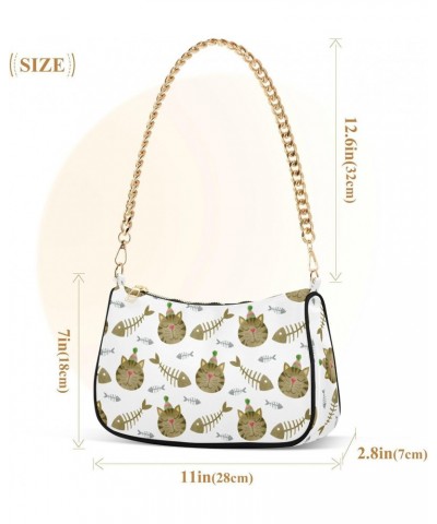 Women Chain Shoulder Purse Bag With Zipper Funny Cat Face Print, Fish Skeleton Hobo Tote Clutch Handbags with Chain Strap $16...