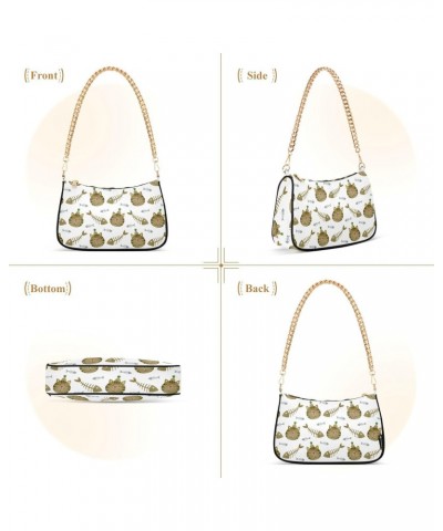 Women Chain Shoulder Purse Bag With Zipper Funny Cat Face Print, Fish Skeleton Hobo Tote Clutch Handbags with Chain Strap $16...