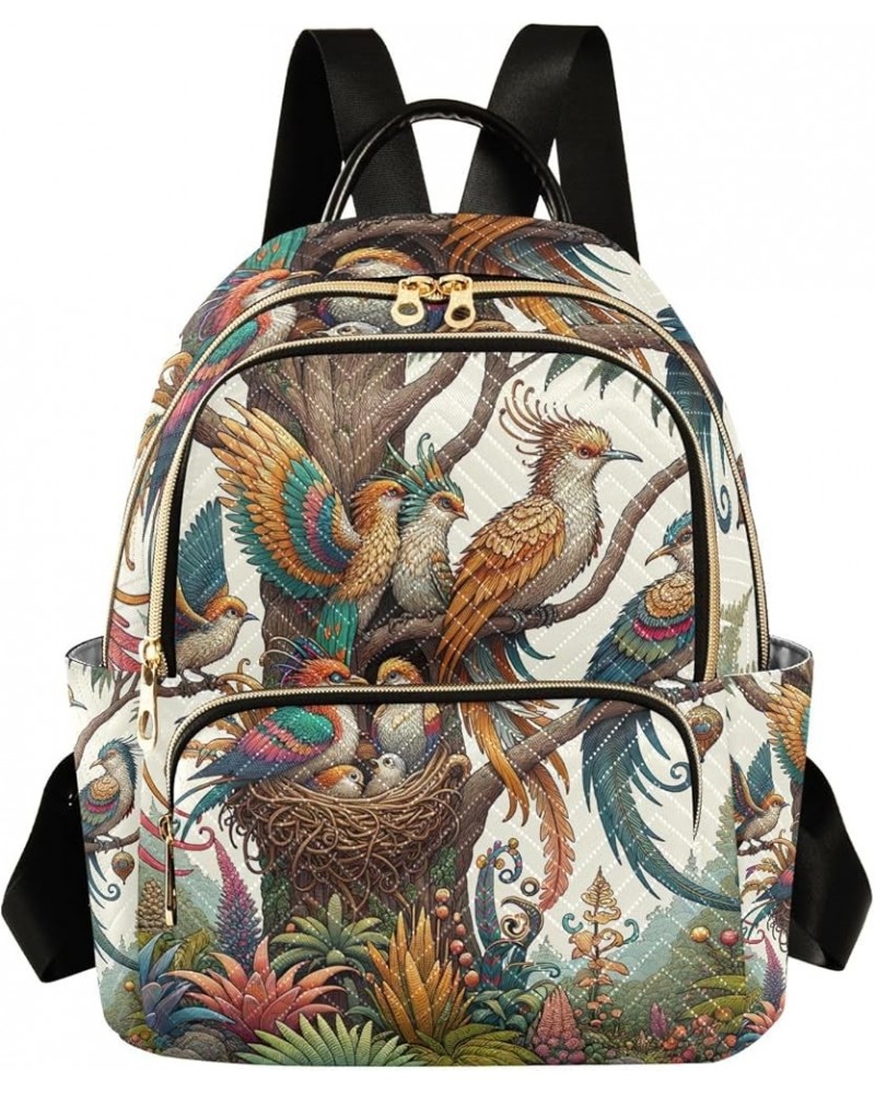 Quilted Backpack Purse Birds on Garden Small Backpack Purse for Women Travel Backpack with Luggage Strap Fantasy Birds Family...