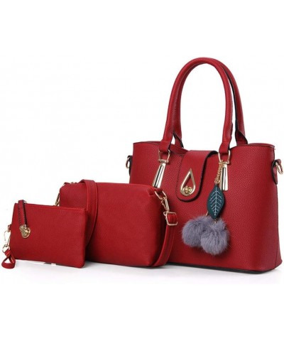 Women's PU 3Pcs Litchi Pattern Hair Ball Leaf Pendant Bag Shoulder Shopping Bag Wine Red $34.83 Shoulder Bags