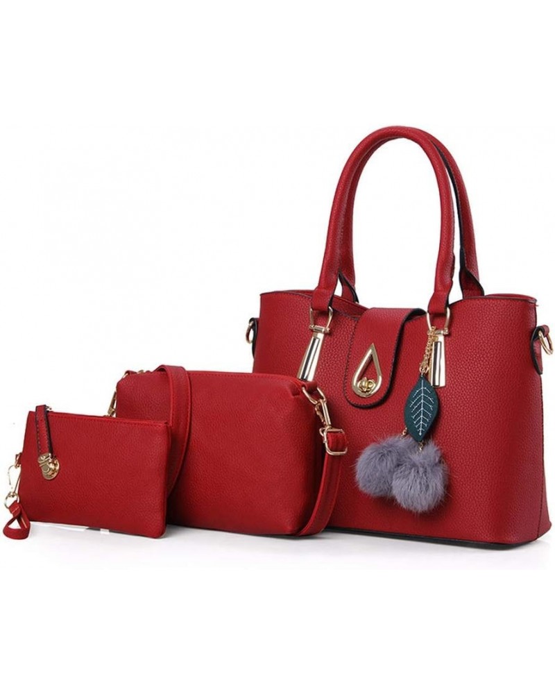 Women's PU 3Pcs Litchi Pattern Hair Ball Leaf Pendant Bag Shoulder Shopping Bag Wine Red $34.83 Shoulder Bags