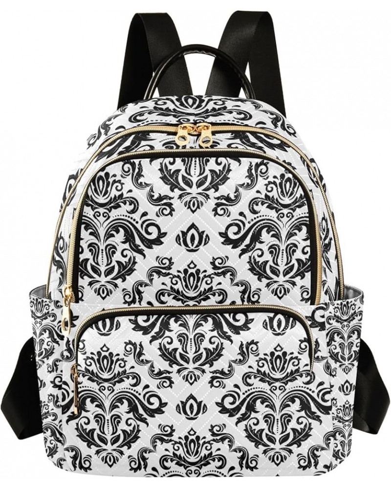 Black and White Pattern Damask Backpack for Women Shoulder Bag Lightweight Mini Backpack Casual Daypack Back Pack for Travel ...