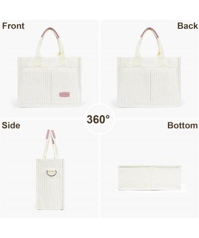 Corduroy Tote Bag with Multi Pockets Women Fall Winter Bag Shoulder Crossbody Tote Bag Work College Handbag White With Pink P...