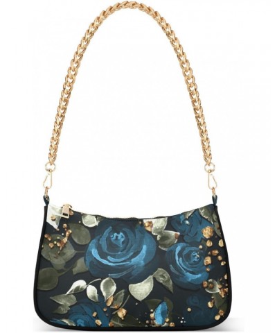 Women Chain Shoulder Purse Bag With Zipper Sunflowers Blooming Blue Roses Print, Purple Gold Glitter Hobo Tote Clutch Handbag...