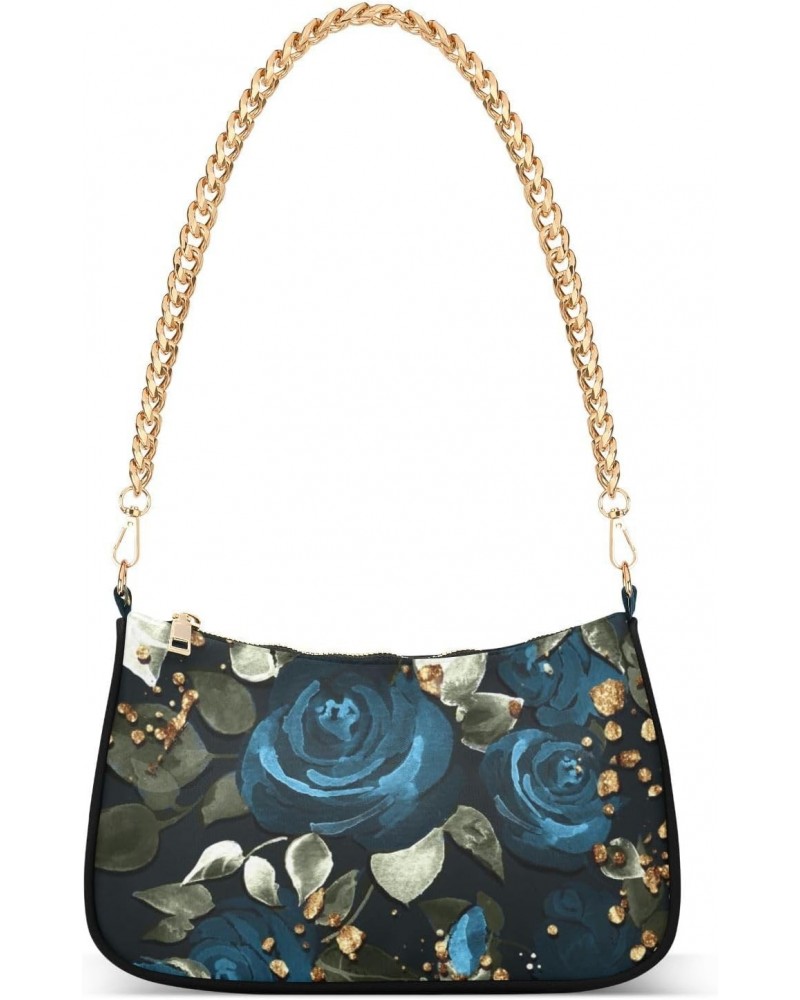 Women Chain Shoulder Purse Bag With Zipper Sunflowers Blooming Blue Roses Print, Purple Gold Glitter Hobo Tote Clutch Handbag...