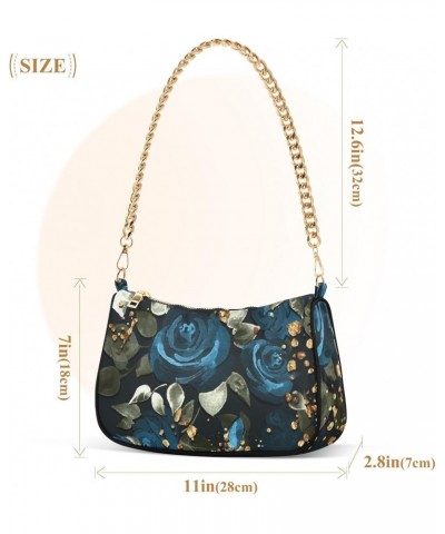 Women Chain Shoulder Purse Bag With Zipper Sunflowers Blooming Blue Roses Print, Purple Gold Glitter Hobo Tote Clutch Handbag...