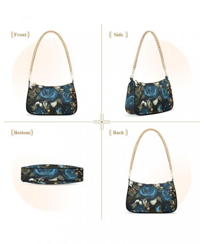 Women Chain Shoulder Purse Bag With Zipper Sunflowers Blooming Blue Roses Print, Purple Gold Glitter Hobo Tote Clutch Handbag...