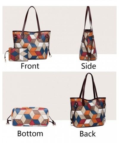 2pcs Tote Purse and Handbag Set for Women PU Splicing Color Block Shoulder Bags Clutch Wallet-Blue Brown-a $25.36 Totes