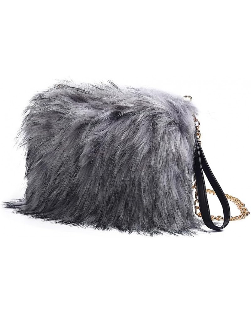 Evening Faux Fur Handbags for Women Furry Fluffy Fuzzy Bags Purse Crossbody Shoulder Strap Light Grey $19.46 Evening Bags