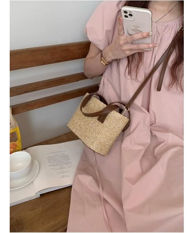 Women Small Straw Bag Mini Woven Bucket Bag Summer Beach Bag Fashion Crossbody Bag Top Handle Bag Shoulder Bag Handbag Pink $...